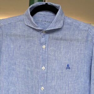 Scalpers Mens Button-down Linen Shirt blue white micro stripe size 41